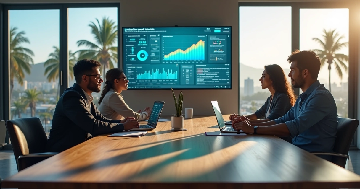 Equipe de marketing reunida em mesa moderna analisando gráficos de desempenho digital 