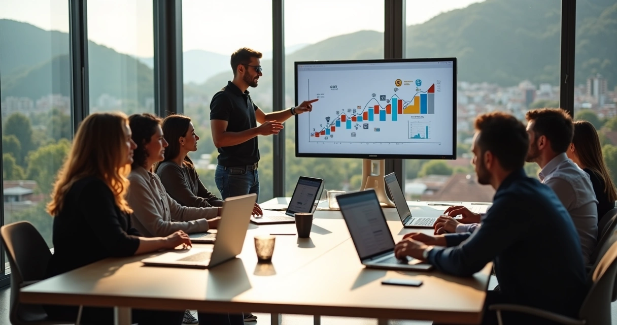 Equipe de marketing em reunião estratégica com vista para cidade de Poços de Caldas 
