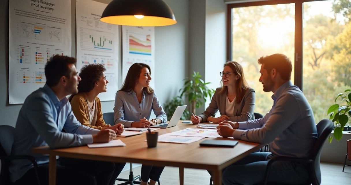 Equipe de marketing reunida em escritório moderno com quadros de estratégias visuais 