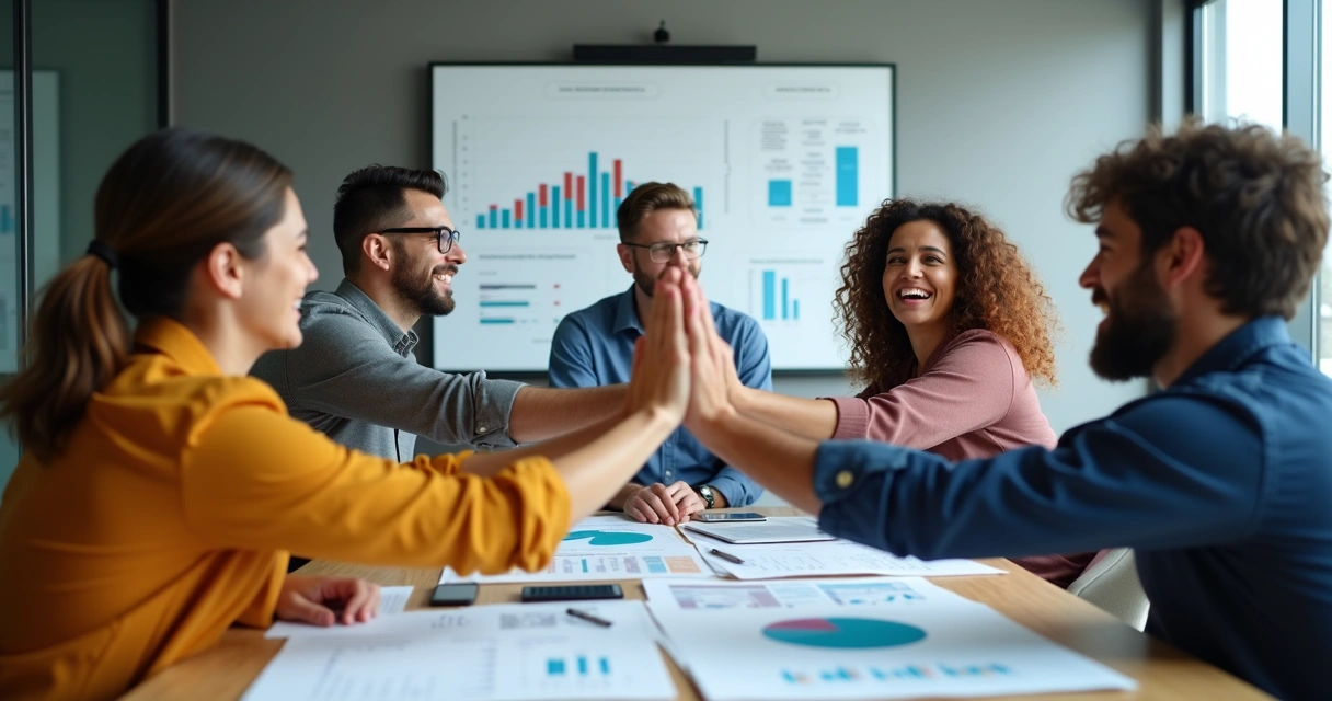 Equipe de marketing e vendas comemorando conquista estratégica juntos