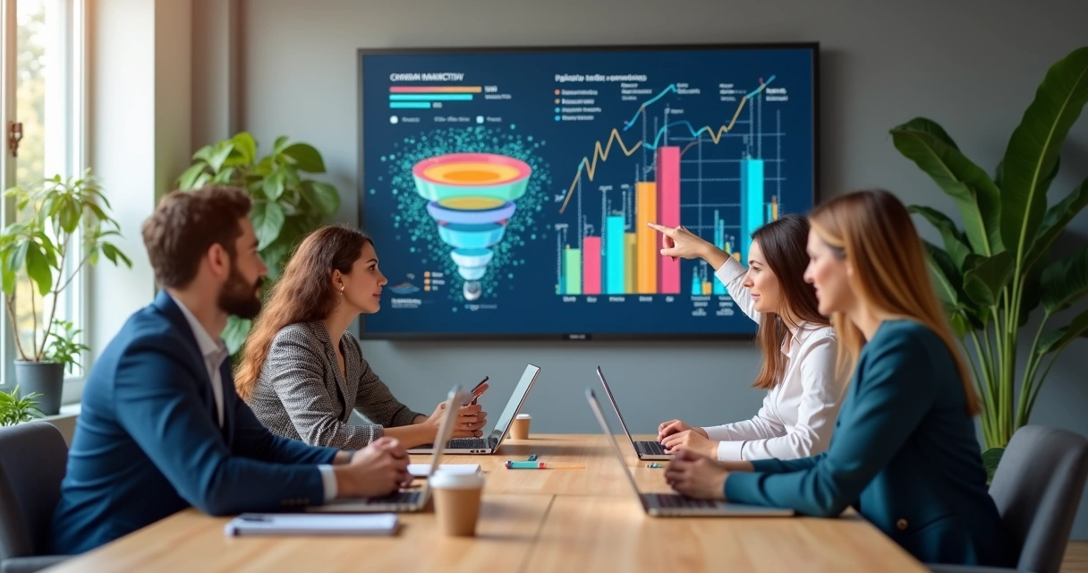 Reunião profissional com equipe discutindo estratégia de marketing e vendas numa sala moderna com gráficos digitais na tela 