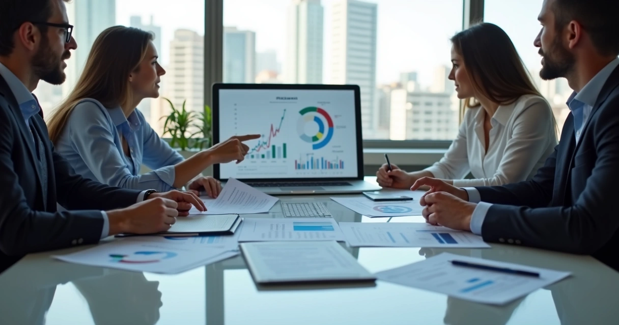 Equipe em reunião avaliando tendências de mercado 