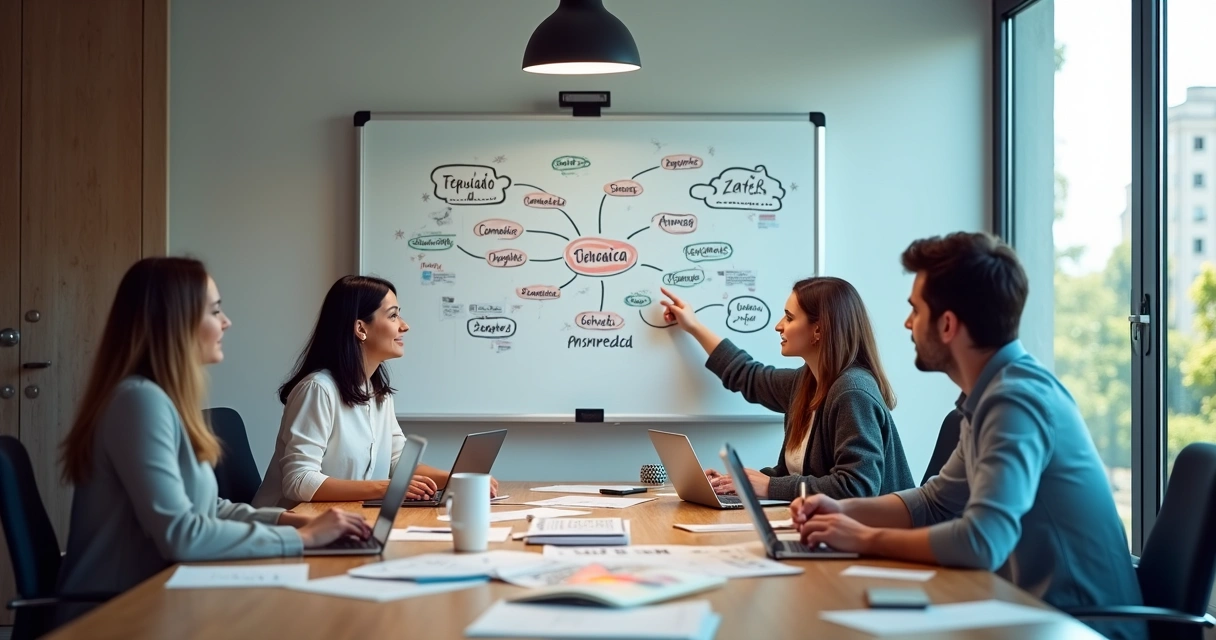 Reunião de profissionais discutindo estratégias de comunicação com laptops e anotações 