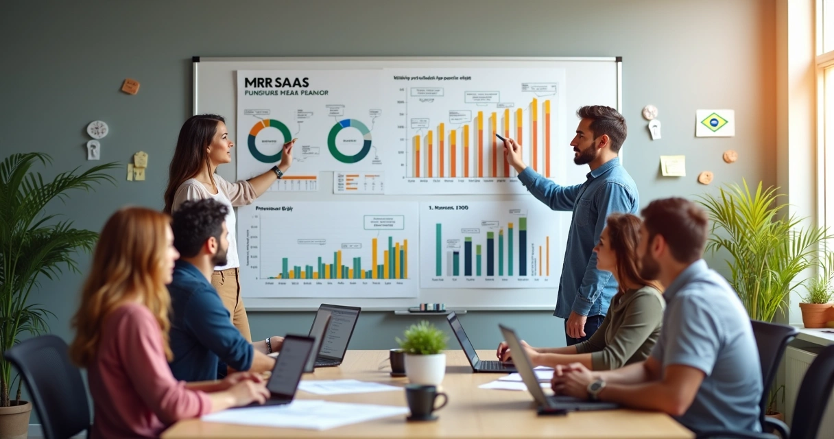 Equipe de SaaS em reunião analisando gráficos e carteiras de clientes 