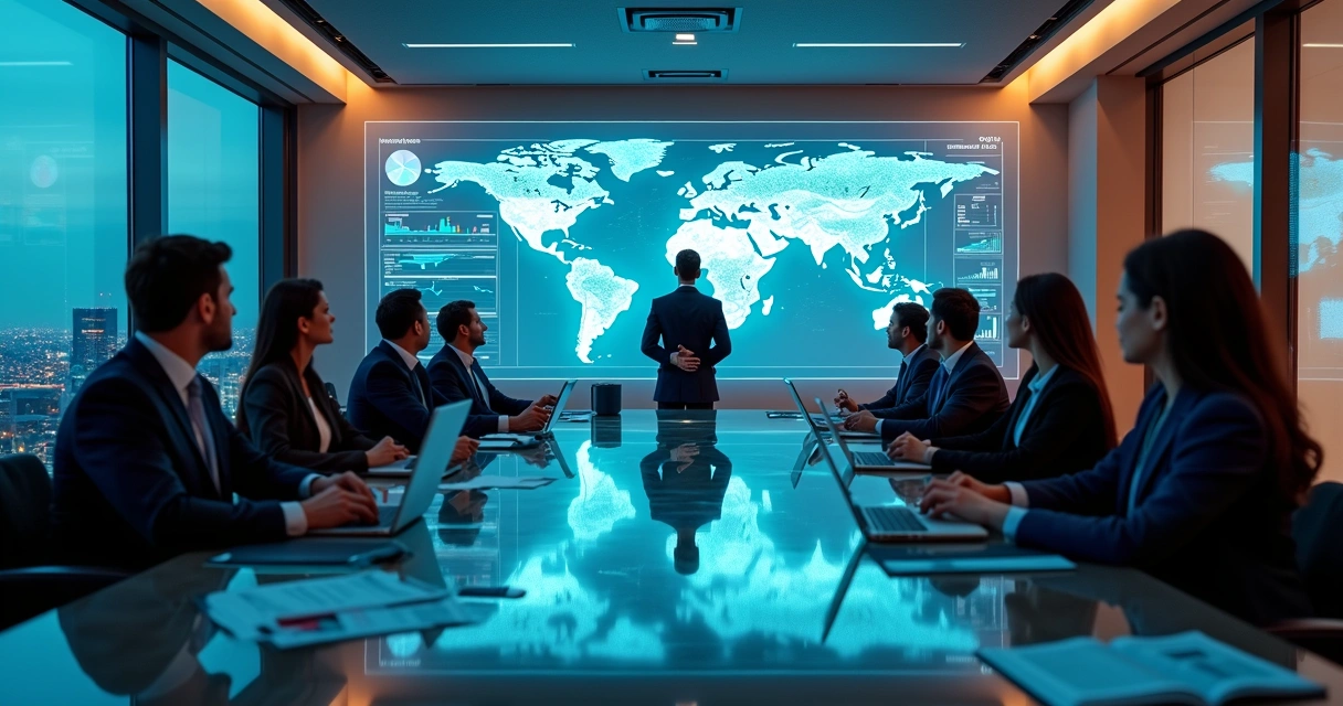 Profissionais analisando painel digital com dados de seguros corporativos 