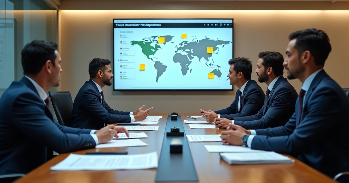Executivos discutindo estratégia tributária em sala de reunião