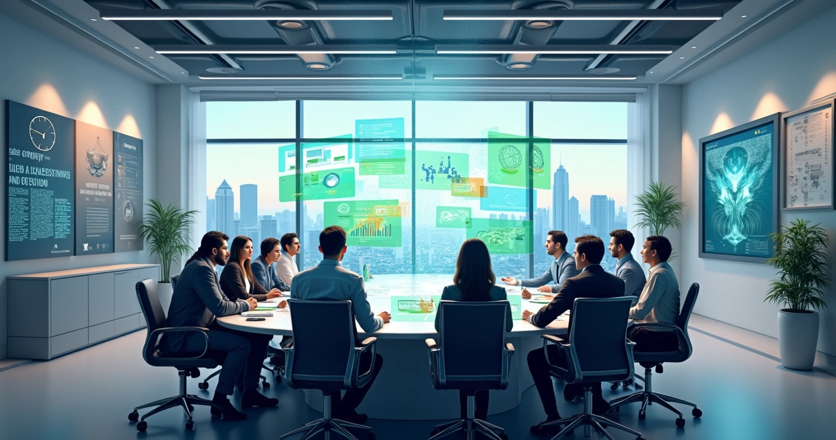 An illustration of a futuristic sales strategy meeting with a diverse team around a high-tech table.