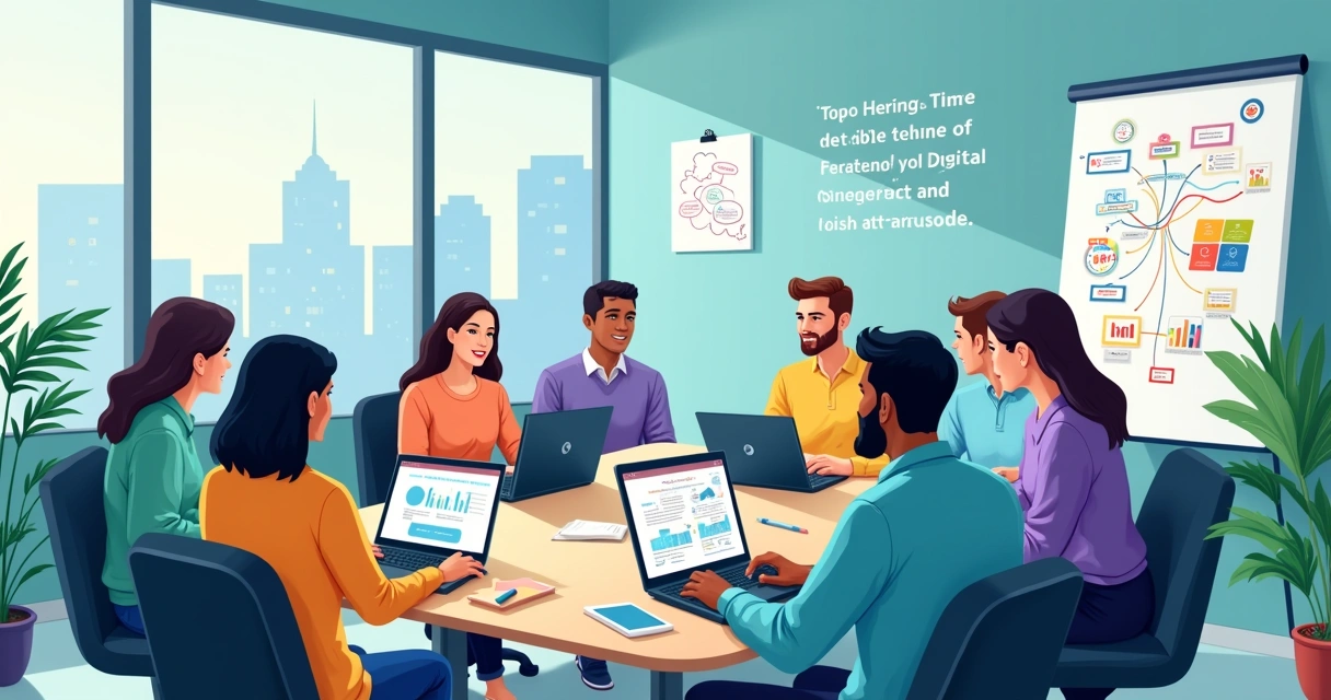 Grupo diverso de pessoas colaborando em uma mesa de conferência moderna, discutindo estratégias de vendas digitais.
