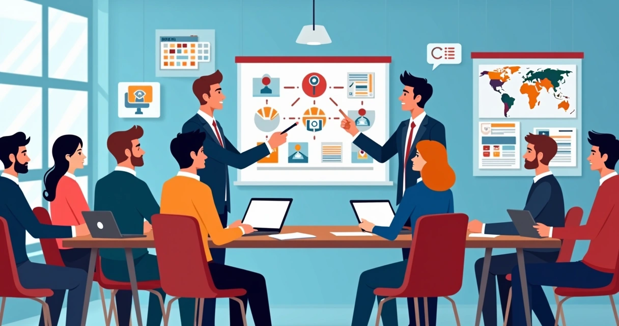 Profissionais reunidos em torno de mesa analisando campanhas digitais