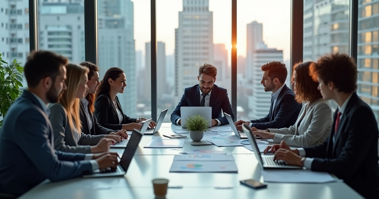 Equipe de agência em mesa com planejamentos de vendas digitais 