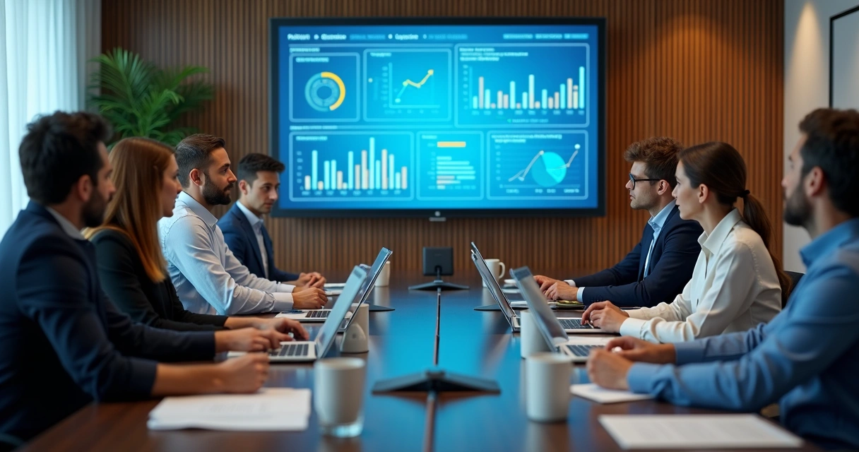 Equipe em reunião avaliando KPIs de vendas 