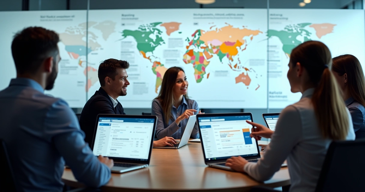 Reunião estratégica SaaS, equipe alinhando campanhas no LinkedIn 