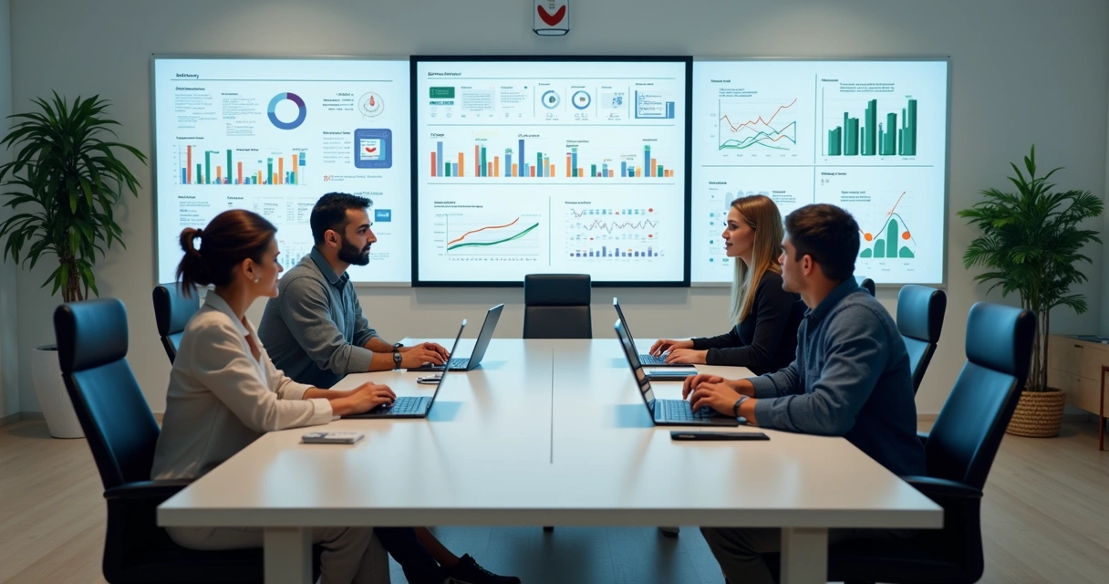 Equipe reunida discutindo estratégias de marketing digital em ambiente moderno 