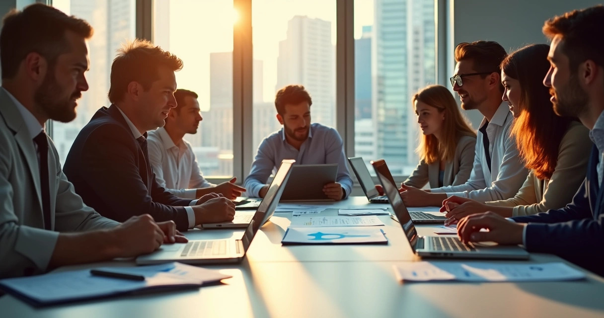 Equipe de marketing, vendas e comunicação reunida em mesa discutindo estratégia para contas-chave