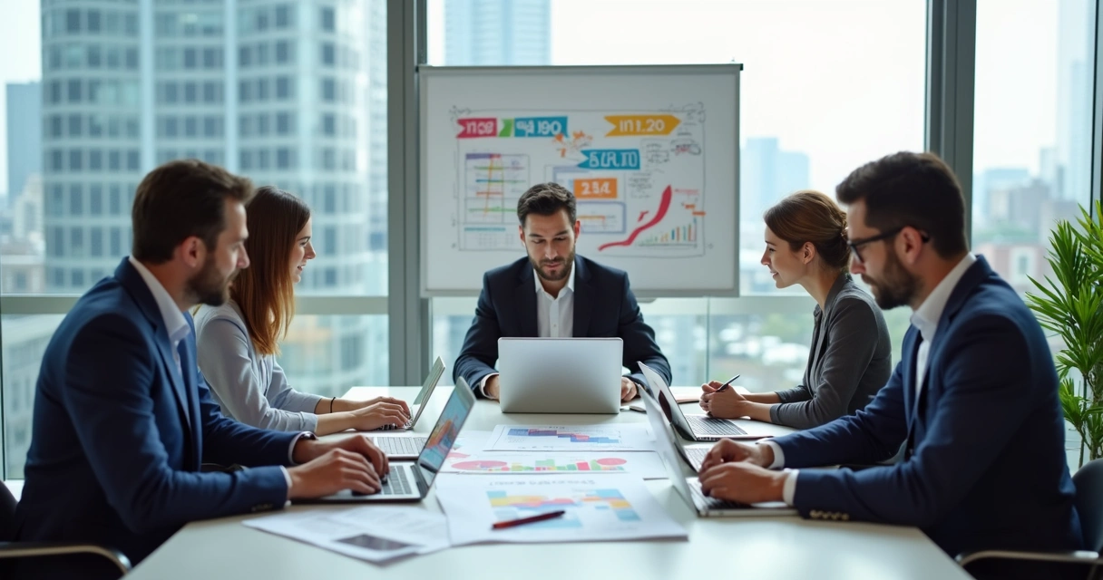 Equipe reunida ao redor da mesa com papéis, notebook e ideias na lousa