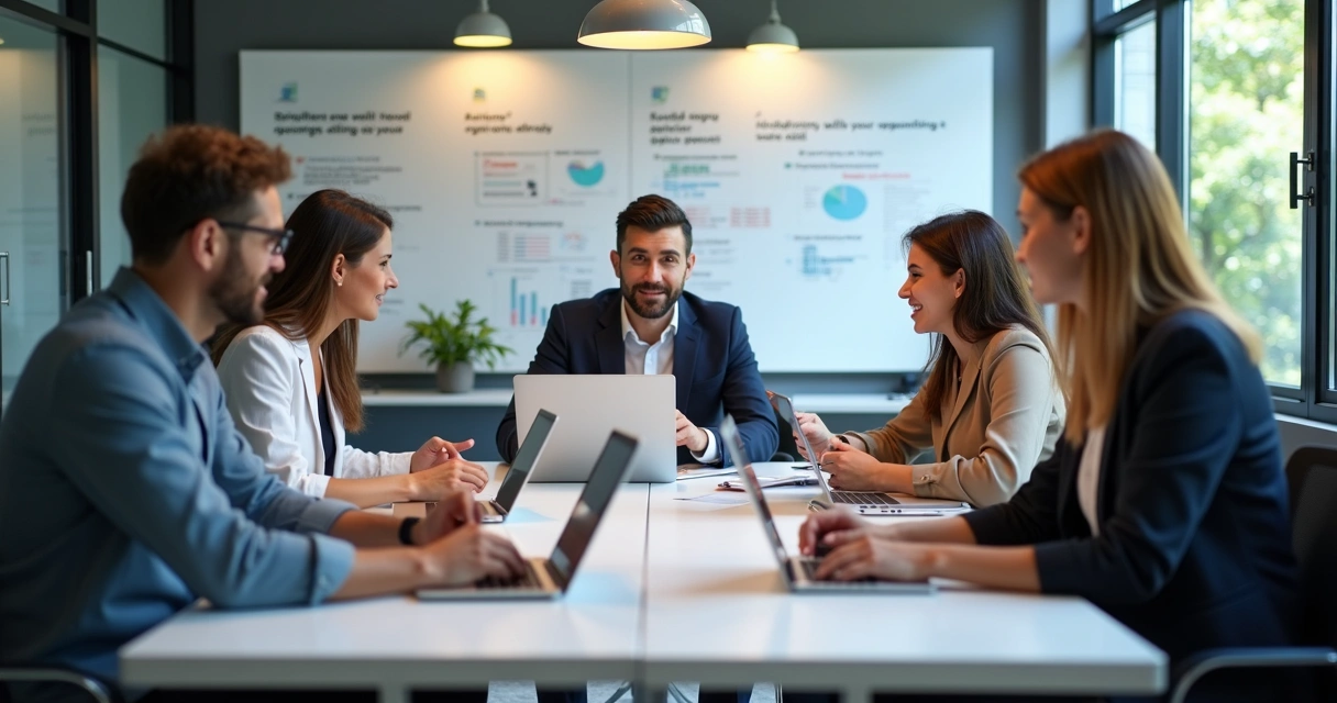 Grupo discutindo estratégias de diferenciação em agência digital 