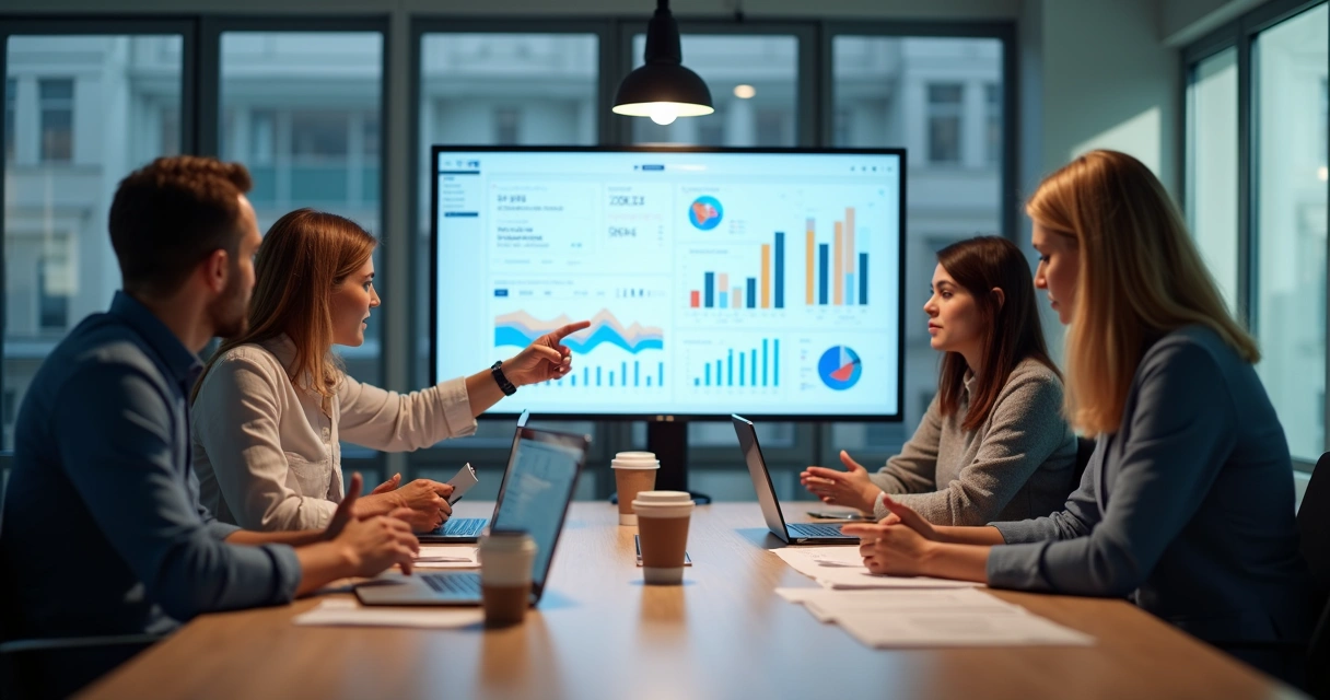 Reunião de equipe em agência digital discutindo estratégias de autoridade 