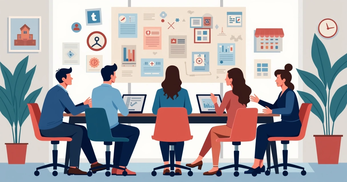 Equipe de campanha elaborando estratégias digitais e presenciais na pré-eleição, com materiais visuais, laptops e gráficos. 