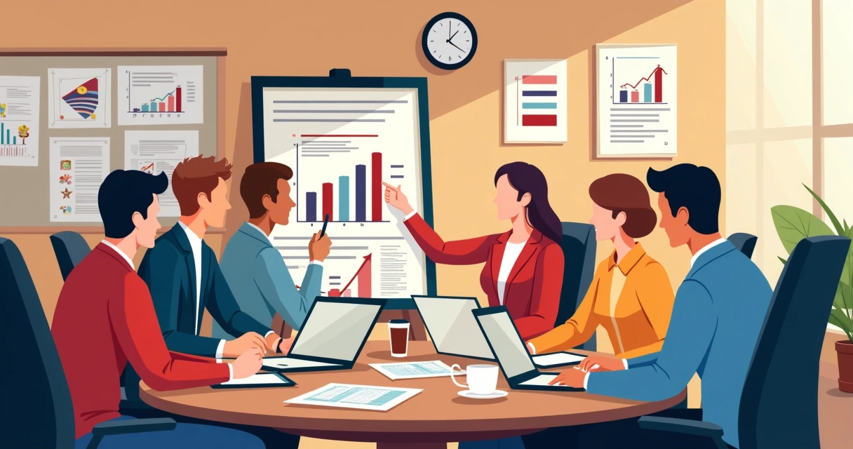 Equipe analisando gráficos de campanha política em uma sala de reuniões 