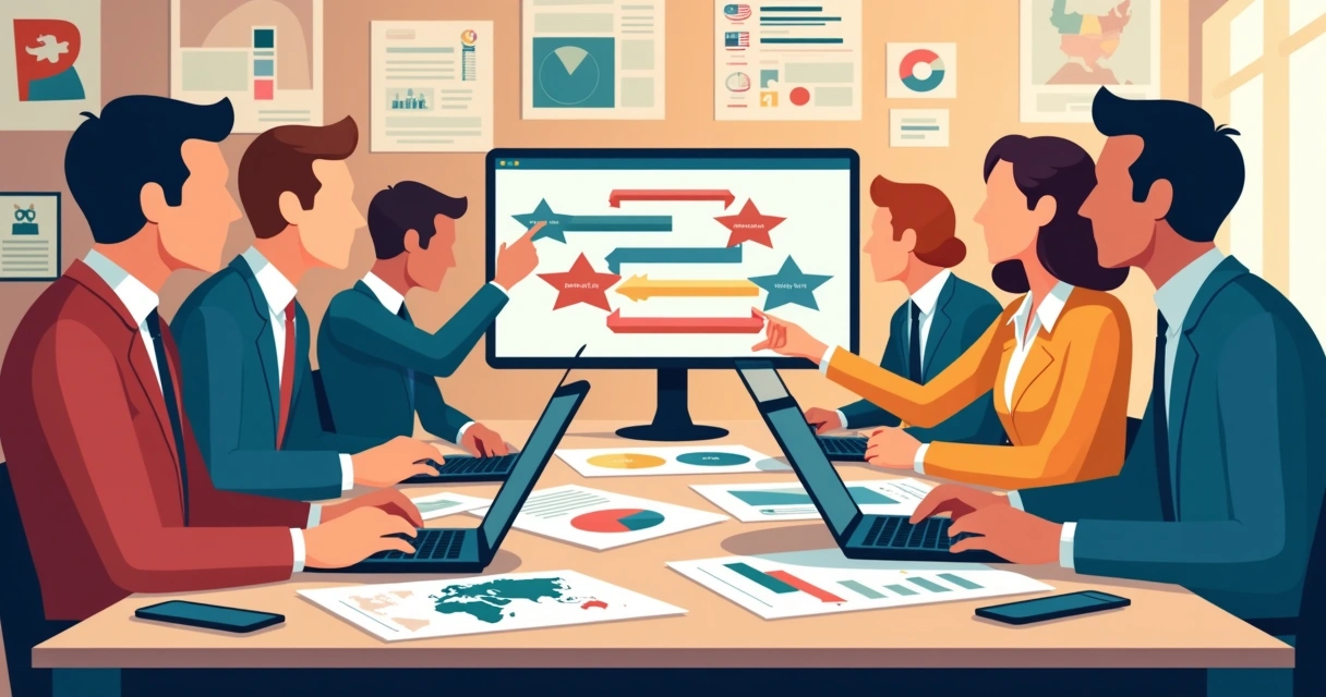 Equipe reunida em mesa com mapas, gráficos e computadores, planejando campanha política 