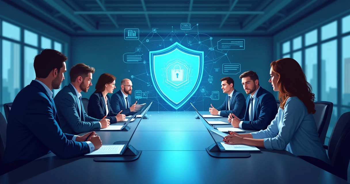 Reunião entre líderes empresariais discutindo estratégias de proteção cibernética 