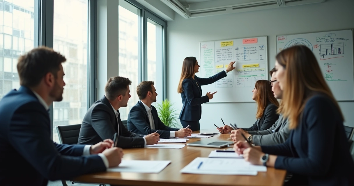 Equipe de negócio em reunião discutindo metas e objetivos com quadros de anotações e gráficos. 