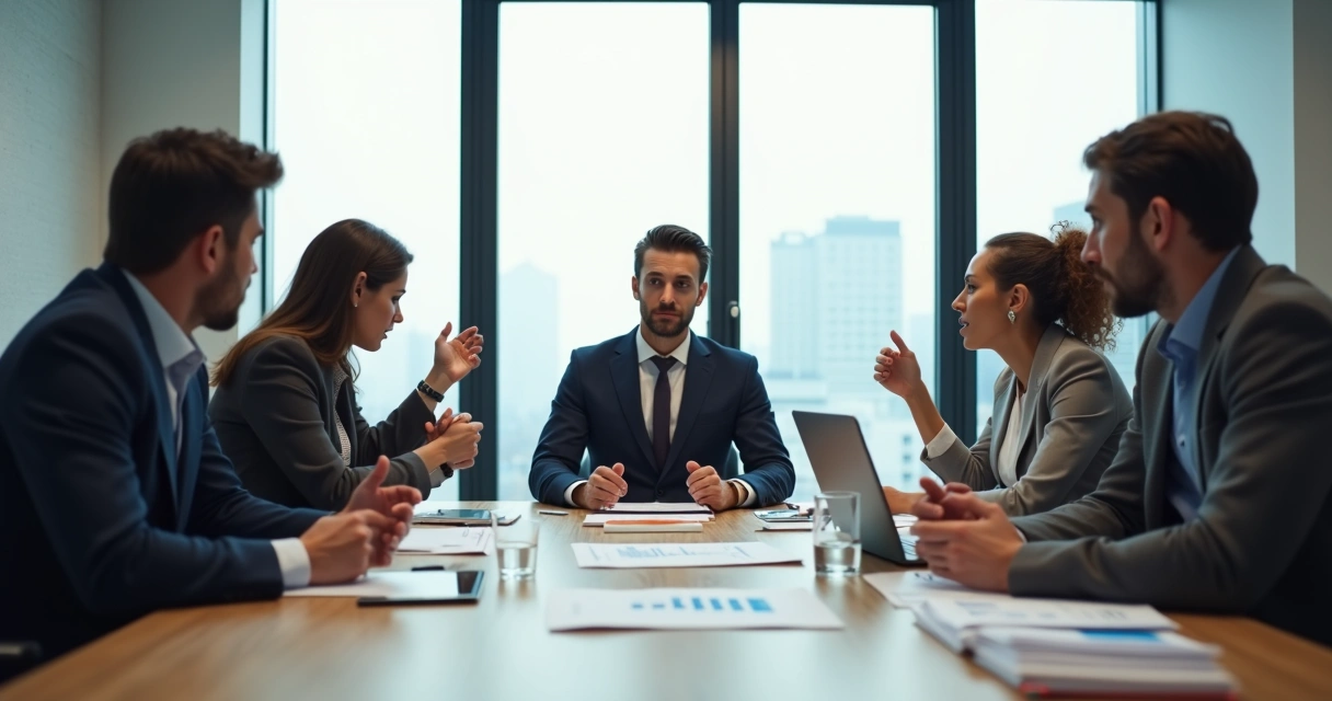 Líder em reunião estratégica mantendo calma enquanto o grupo discute intensamente 