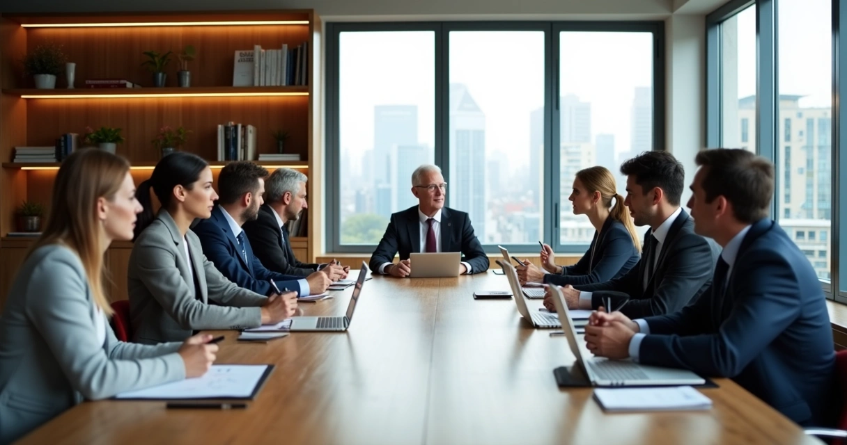 Equipe ao redor de uma mesa em reunião estratégica de negócios 