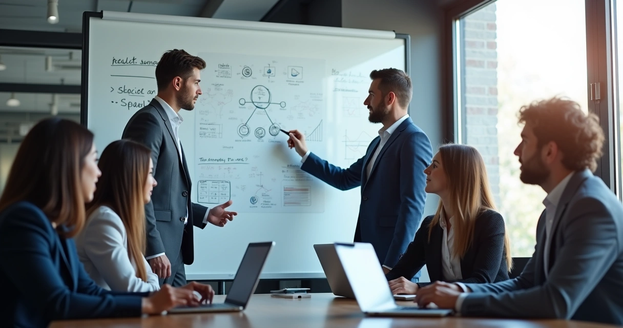 Reunião estratégica entre equipe comercial e especialista em IA 