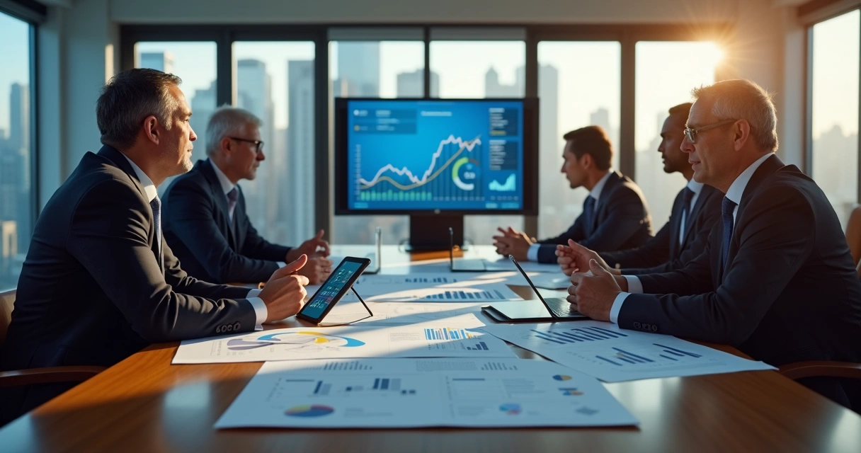 Reunião estratégica entre líderes de finanças e negócios 