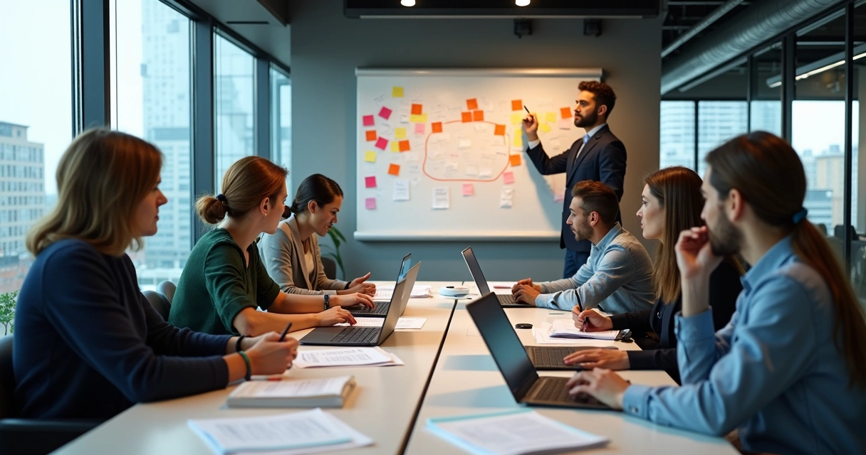 Equipe de agência de marketing reunida em sala de reunião com computadores e anotações 