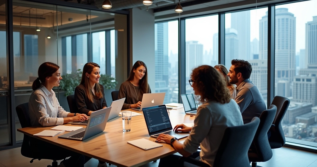 Equipe de marketing reunida em mesa discutindo estratégias digitais 