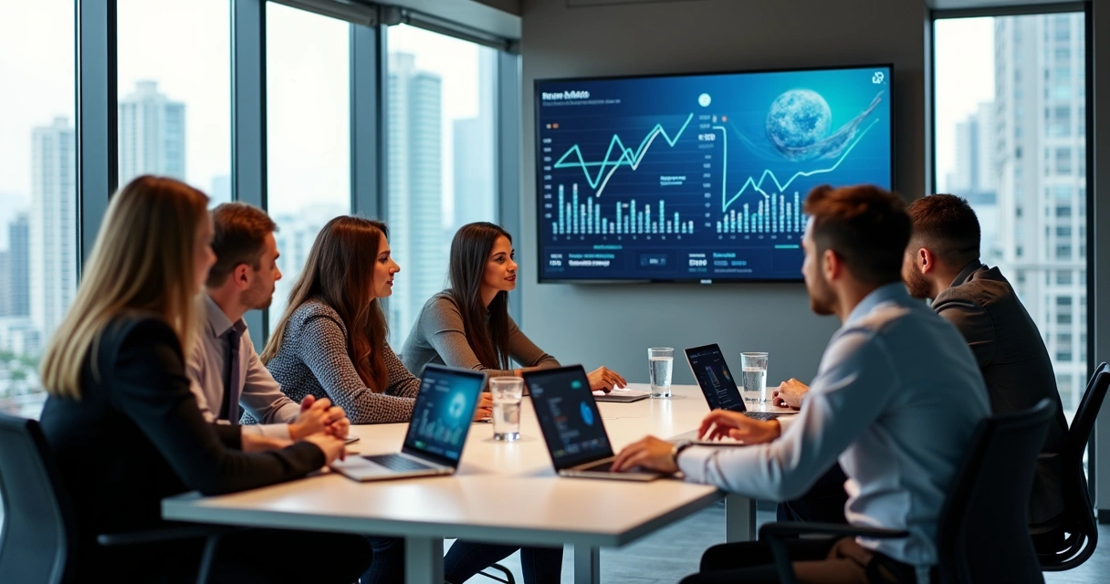 Reunião estratégica de equipe de marketing em ambiente corporativo 