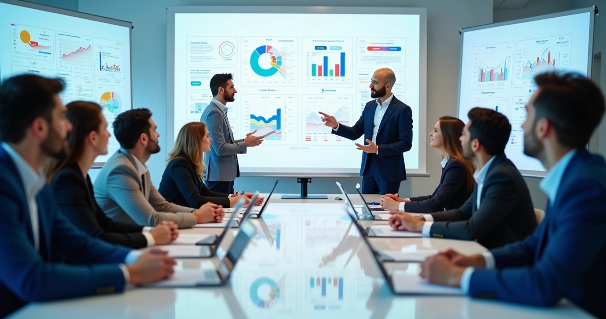 Equipe de marketing reunida discutindo estratégias diante de quadros com gráficos e fluxos de trabalho 