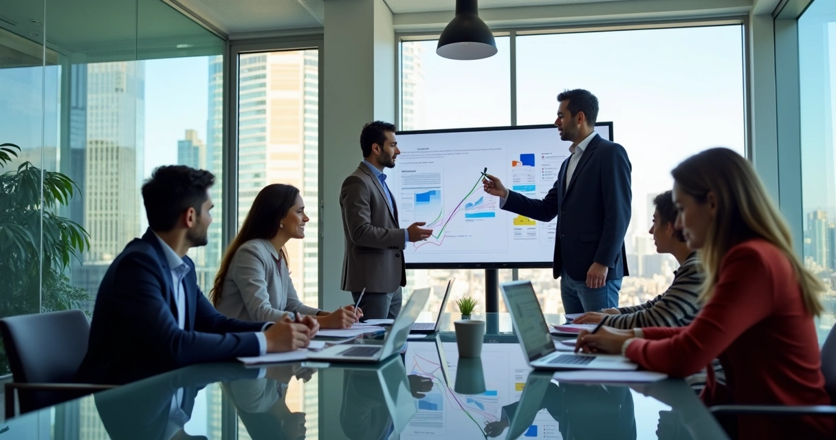 Equipe de marketing e vendas em reunião lendo gráficos em uma sala moderna 