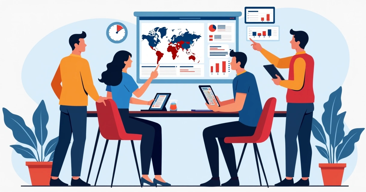 Equipe de campanha analisando mapa e dados digitais em sala de reunião 