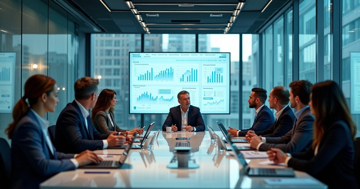 Time de negócios B2B em reunião estratégica com dashboards 