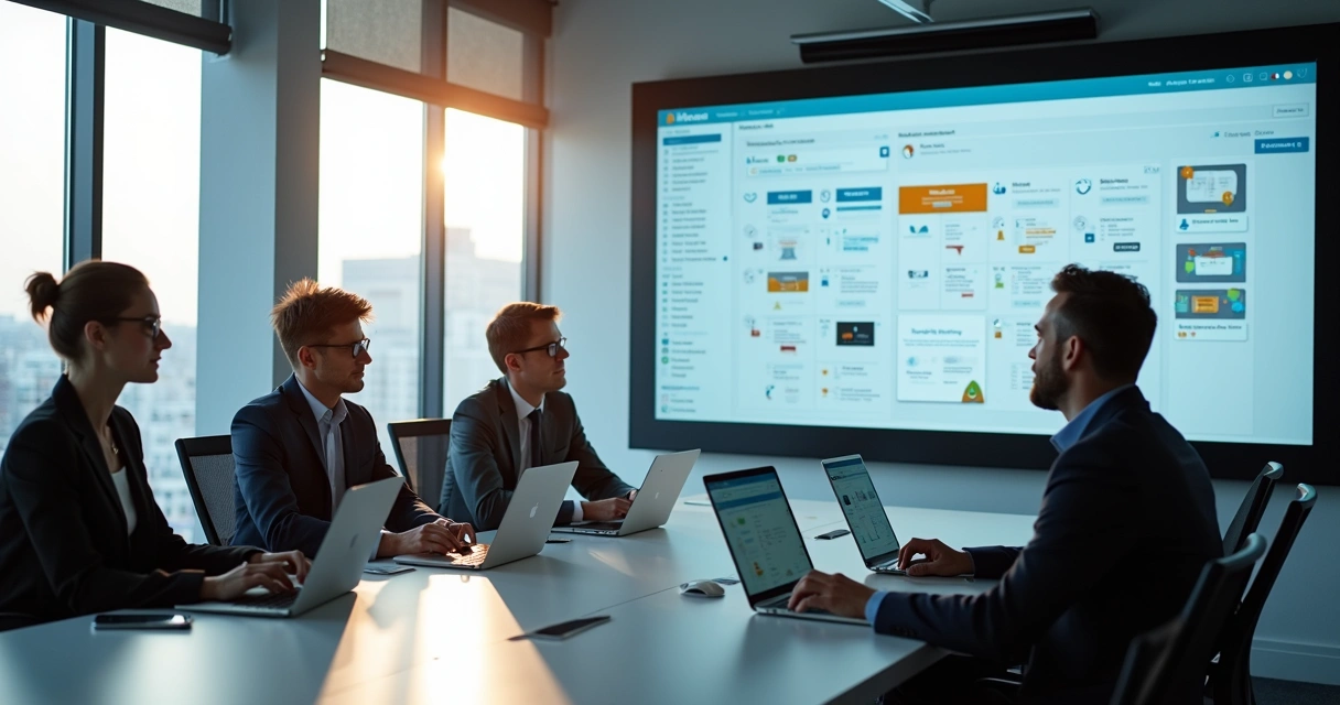 Gestores reunidos em mesa moderna analisando fluxo digital no notebook 