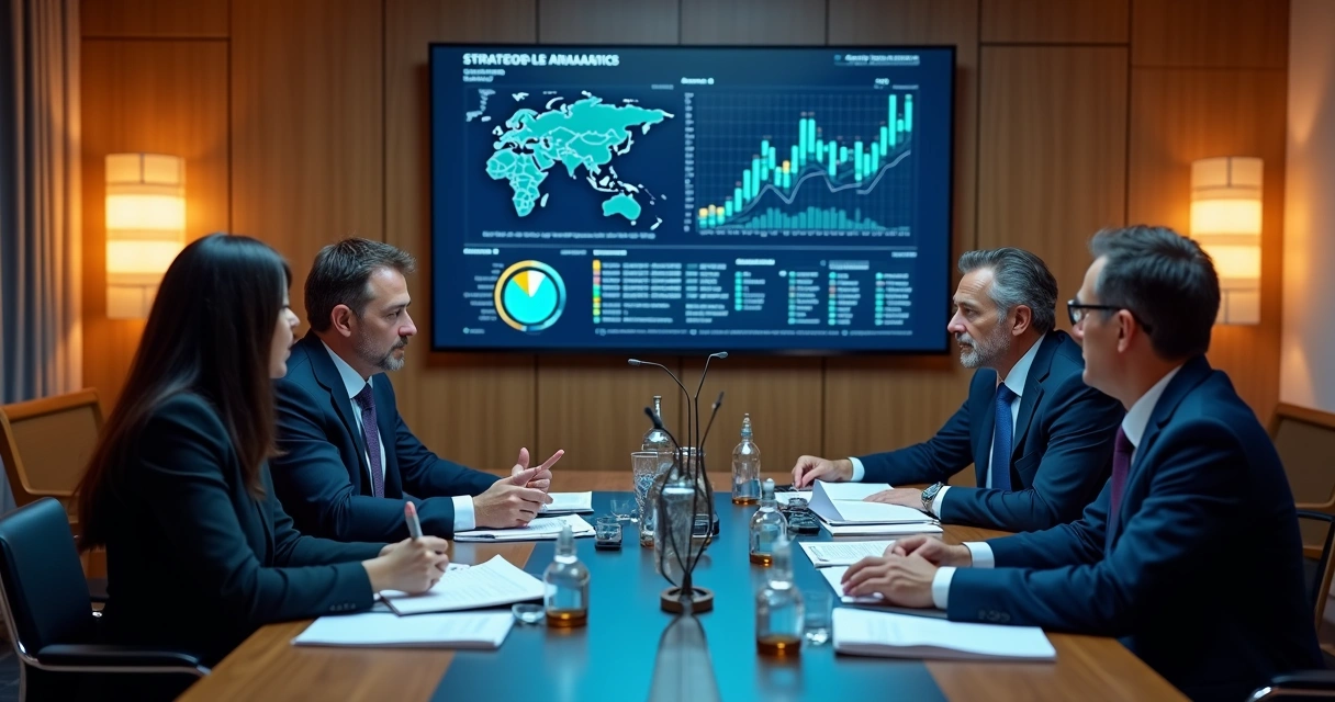 Reunião estratégica entre RH e diretoria em sala com tela de KPIs 