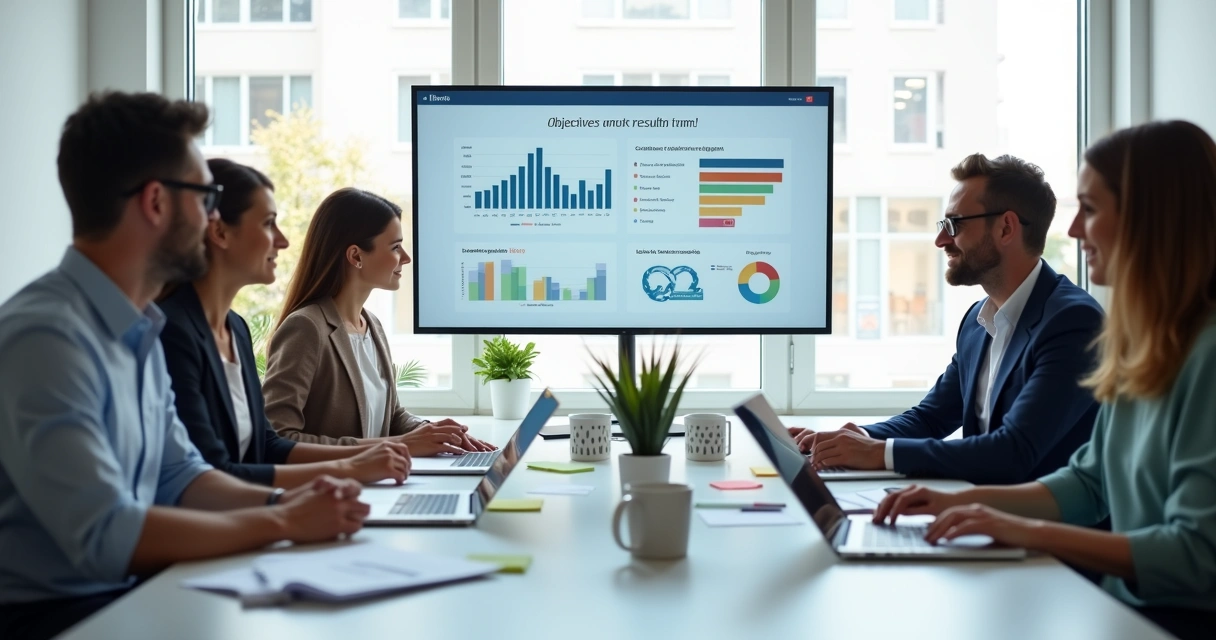 Colaboradores em reunião estratégica discutindo OKRs em serviços profissionais 