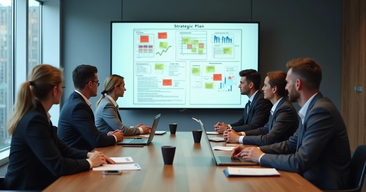 Equipe em reunião estratégica com expressões tensas e gráficos ao fundo