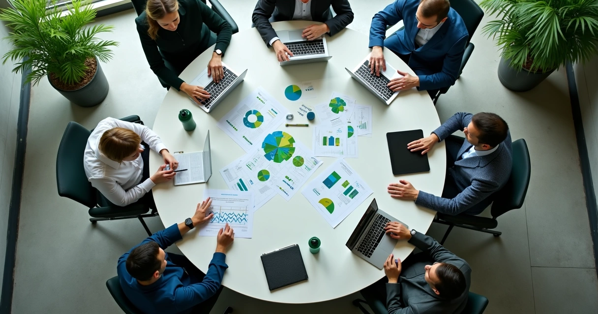 Gestores de TI analisando relatórios sobre sustentabilidade e ROI em uma mesa de reunião. 