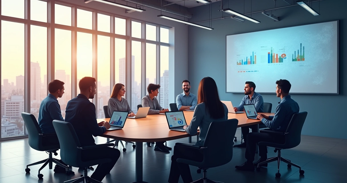 Equipe reunida em sala de reunião digital discutindo estratégias