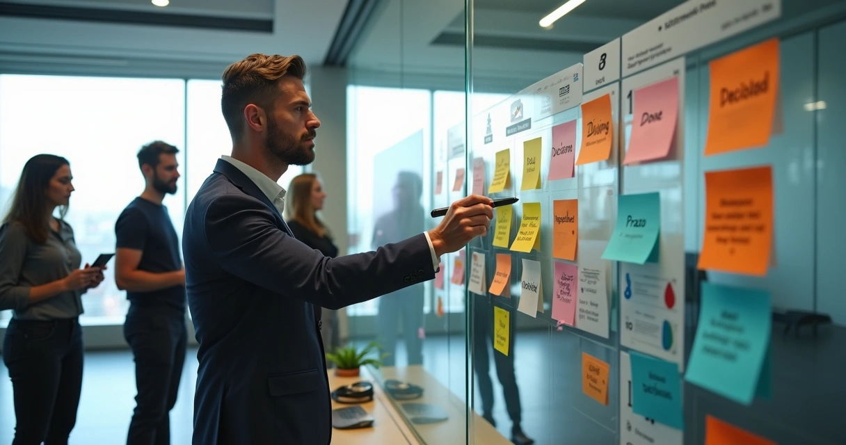 Time de agência marcando prioridades em mural de reuniões estratégicas 