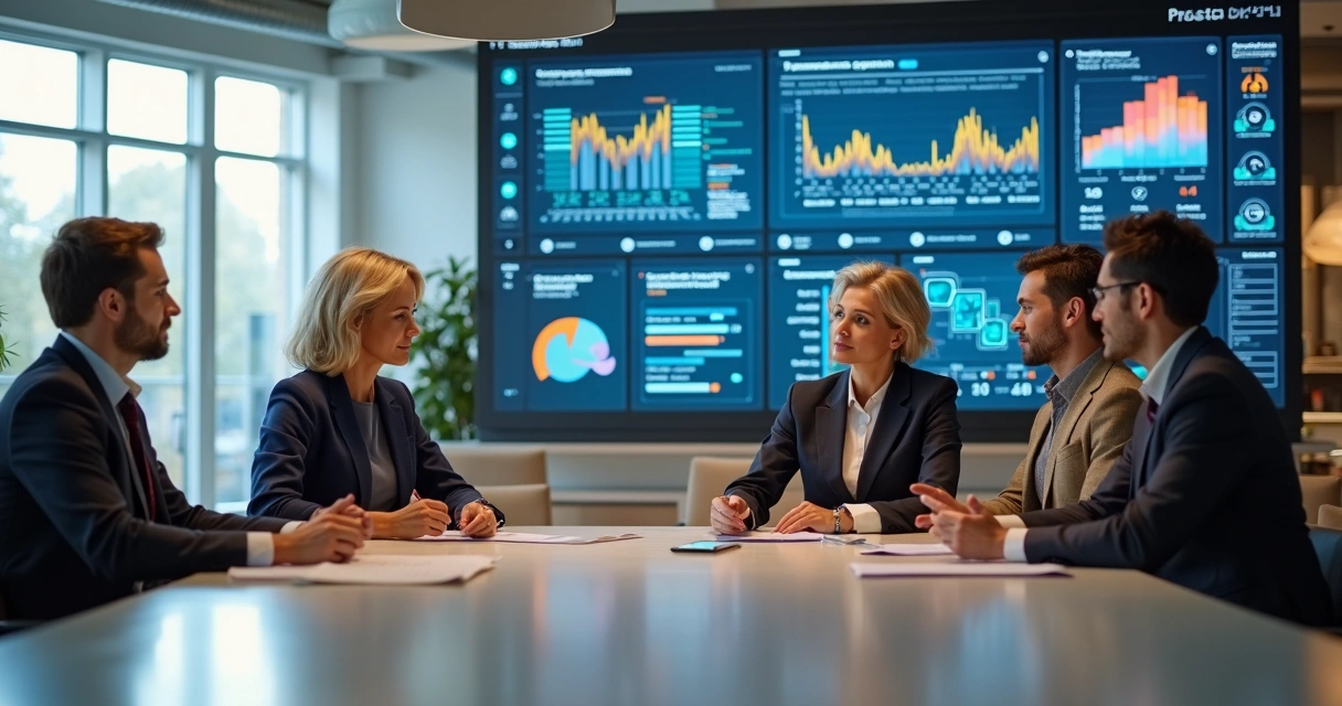 Equipe discutindo estratégia em loja com painéis digitais ao fundo 