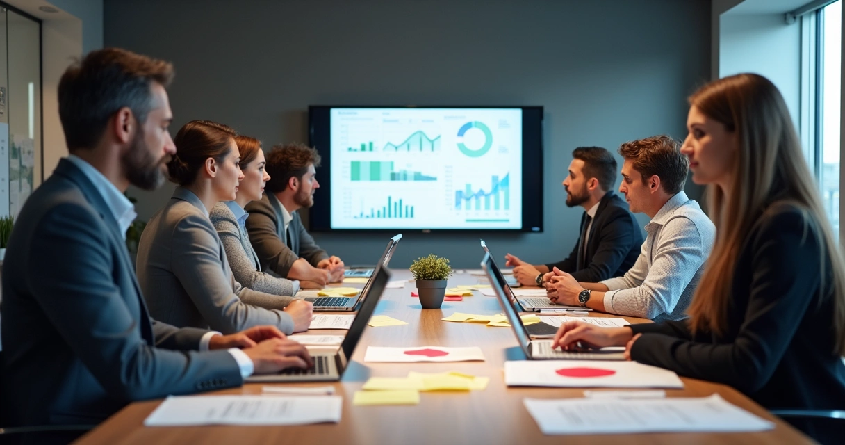 Reunião estratégica entre times de marketing e vendas. 