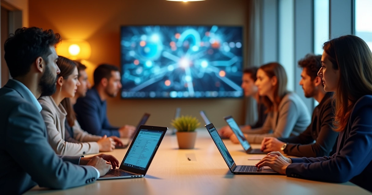 Equipe diversa em reunião estratégica com laptops e tablets, discutindo trabalho híbrido em escritório moderno 