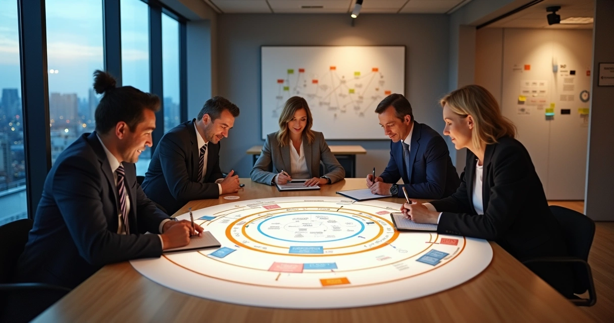 Reunião estratégica de transição de carreira com painel visual no centro da mesa 