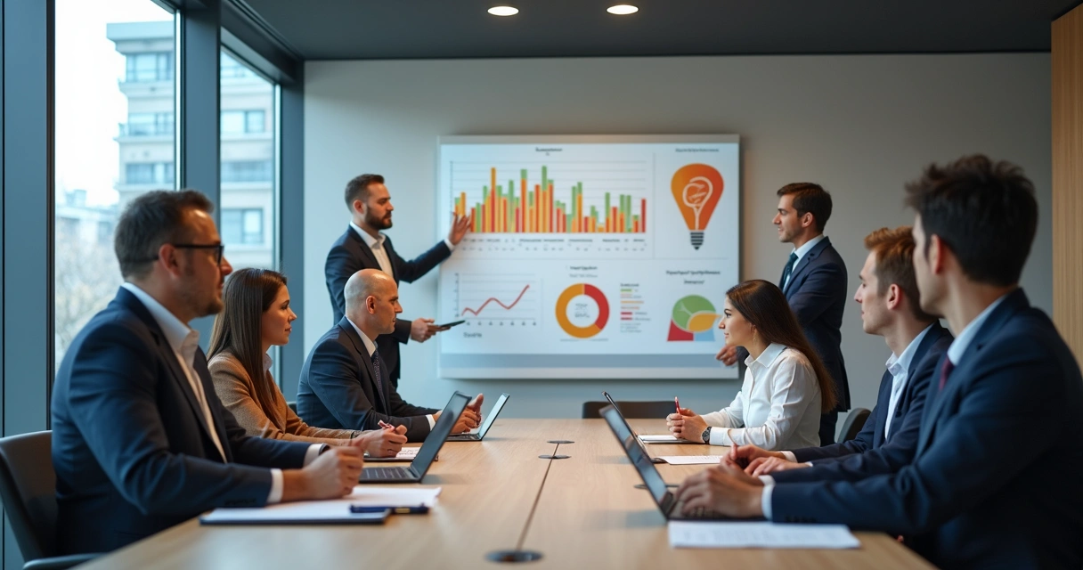 Equipe de vendas em reunião analisando gráficos. 