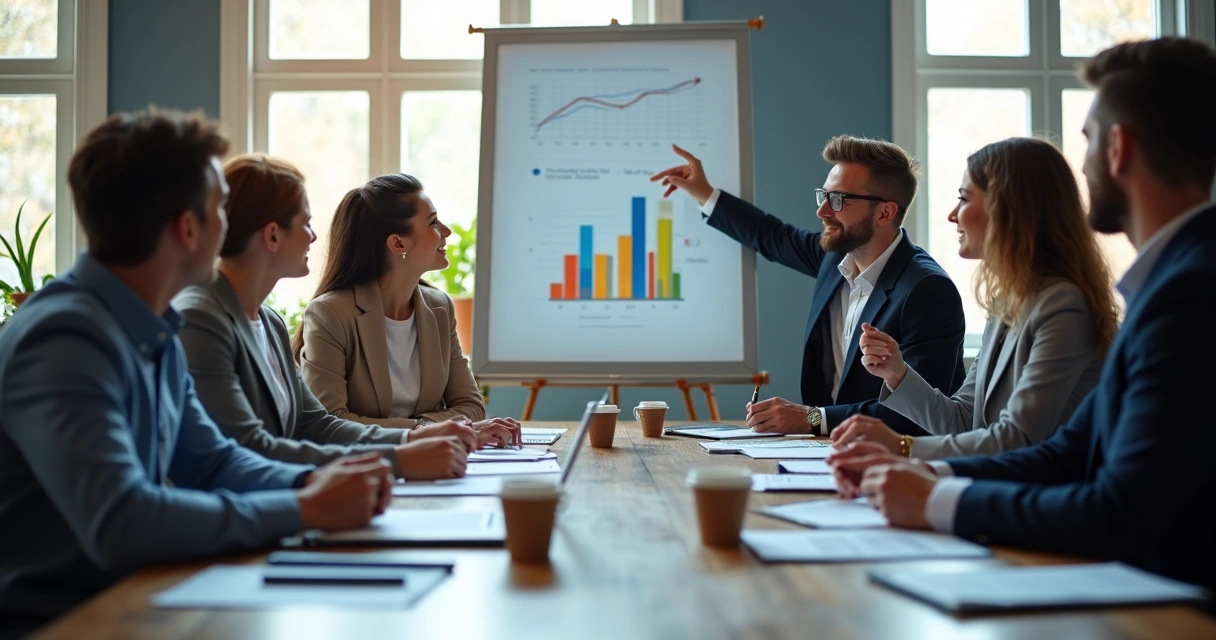 Equipe em reunião estratégica de vendas em escritório contábil 